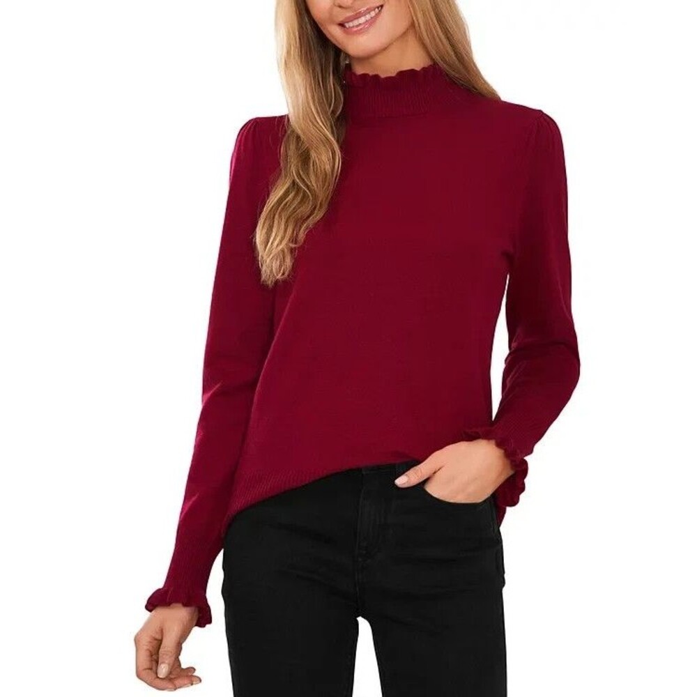 CECE Ruffle Mock Neck Sweater Maroon Knit Lightweight Pullover Size XS